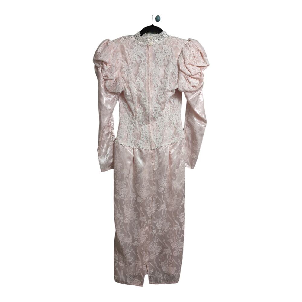 Vintage 80's Scott McClintock Pink Ivory Lace Victorian Style Dress High Neck 6 - Picture 6 of 13